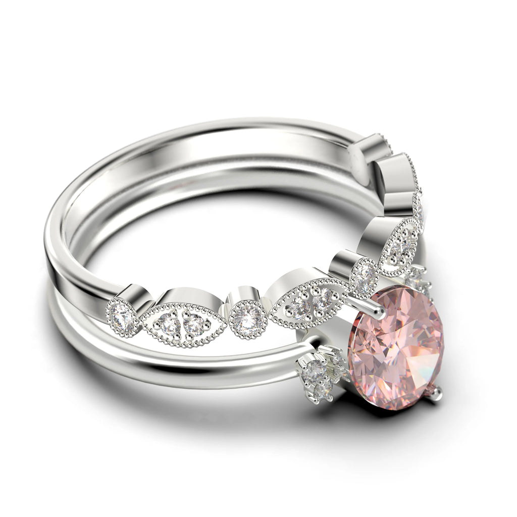 10K Solid White Gold Oval Cut Morganite And Diamond Moissanite Engagement Ring Z9170