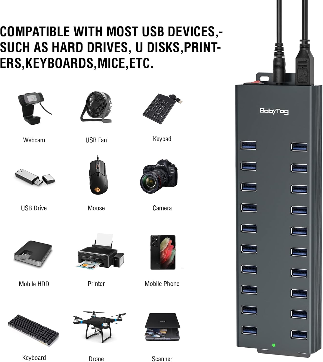 Powered USB hub 20 Ports with 12V/8A-120W Power and Data Cable D86129