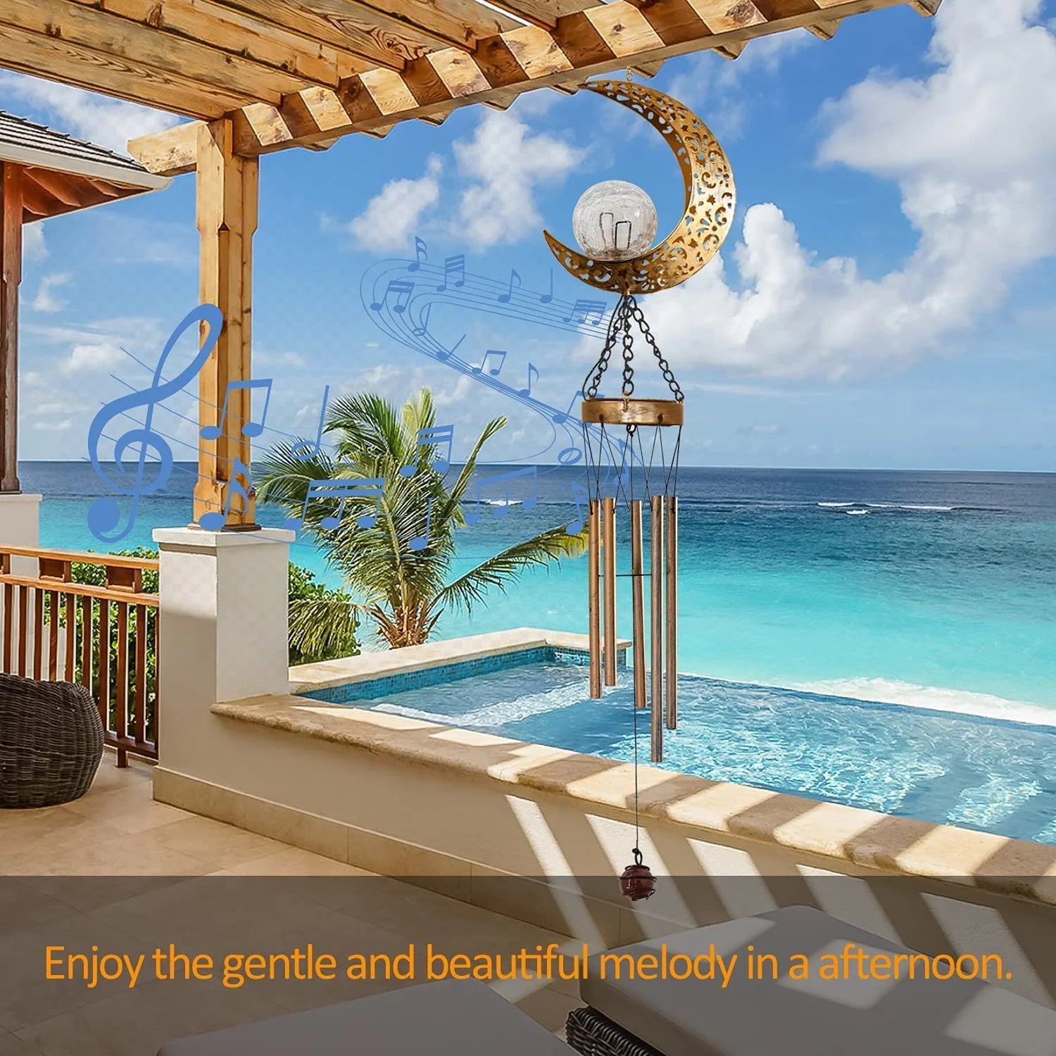 Retro Brass Metal Moon Crackle Glass Solar Wind Chimes LED Lights G428548