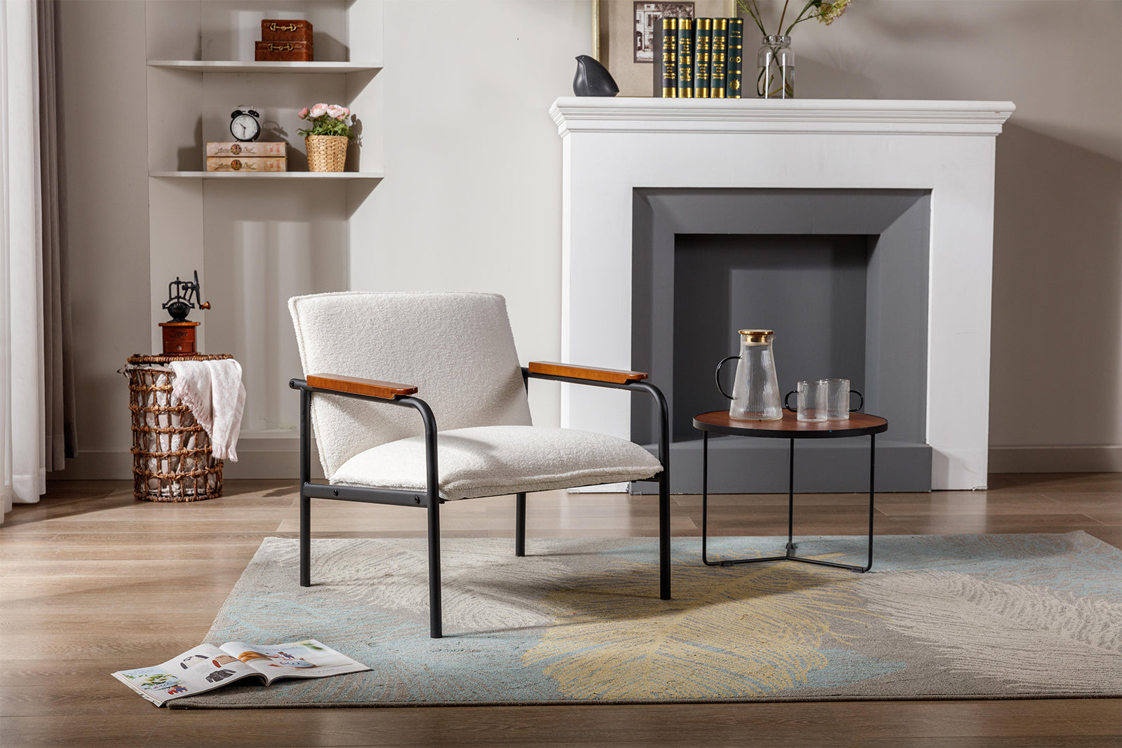 White Sherpa Armchair with Wooden Armrests and Metal Legs Z623
