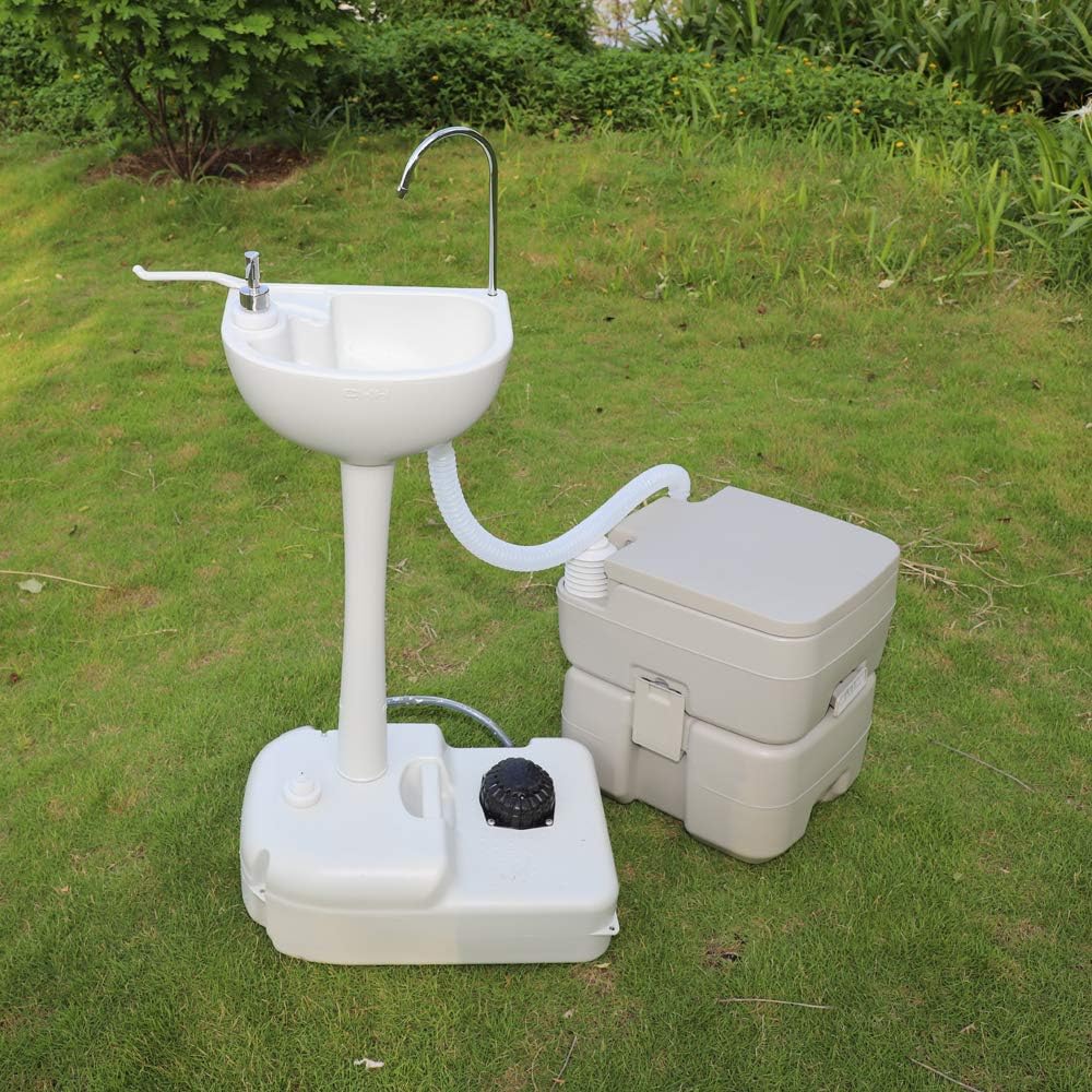 Portable Sink and Toilet Combo, 5 Gal Hand Washing Station & 5.3 Gal Flushing Toilet, Detachable W6770