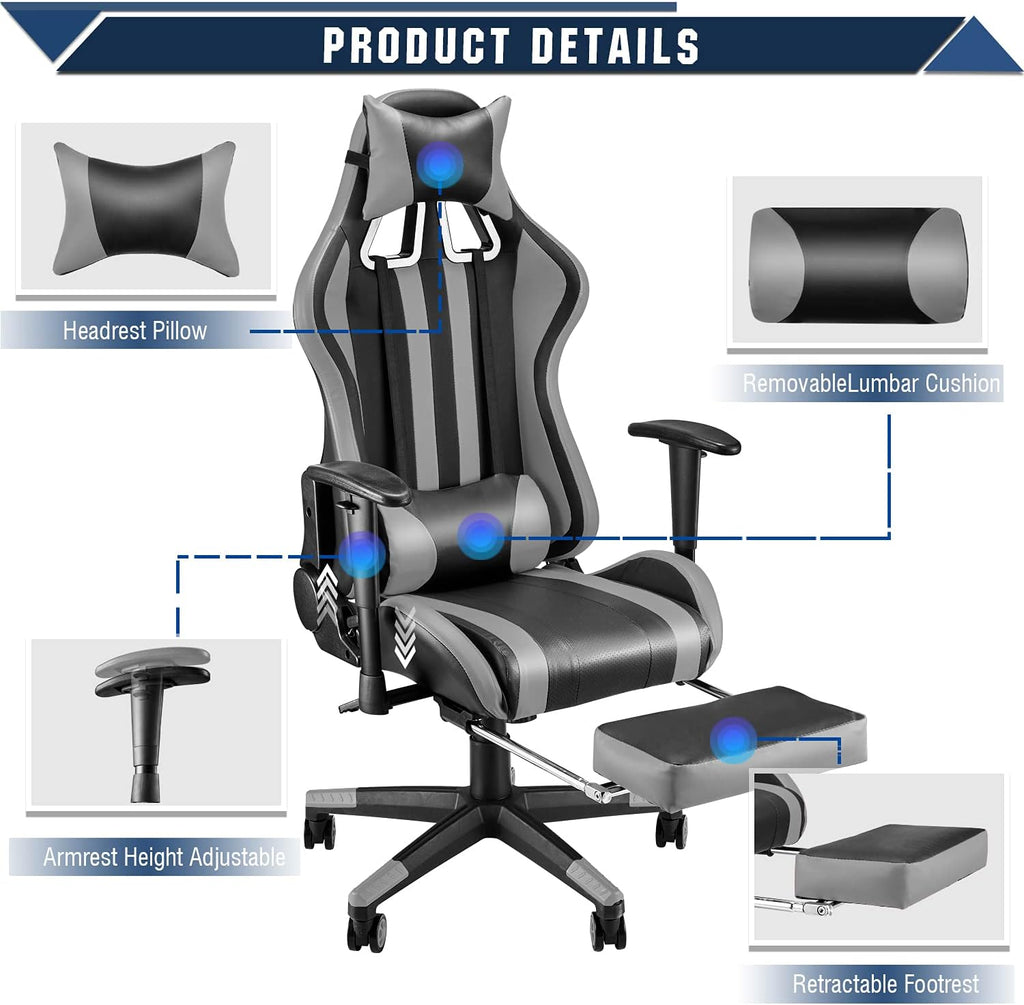 Black/Gray Swivel Desk Gaming Chair with Footrest Y20366