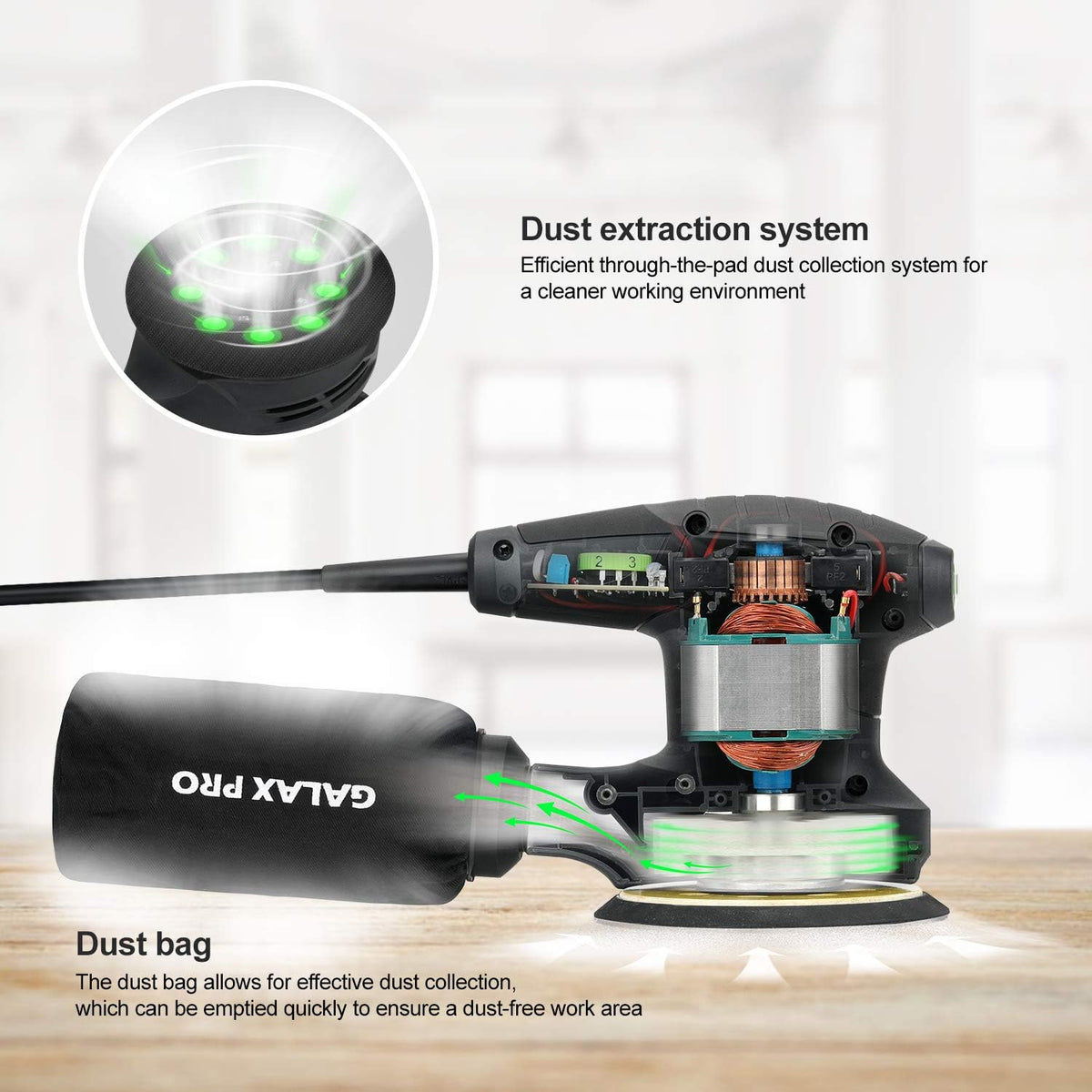 280W 5" Variable Speeds Orbital Sander with Dust Collector, 15Pcs Sanding Discs Y62591