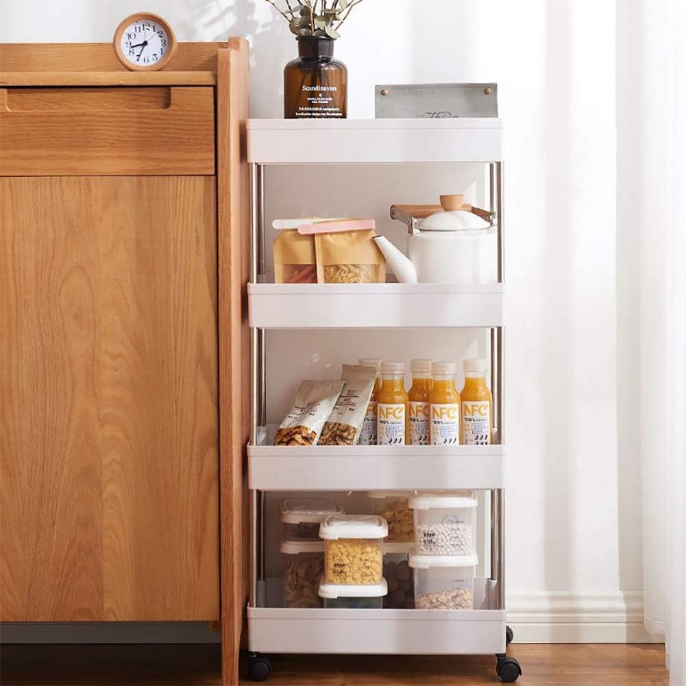 4 Tier Narrow Sliding Storage Organizer Rack Rolling Cart (White) S571699