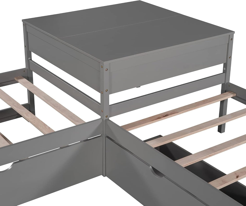 Twin L-Shaped Platform Bed with Trundle, 2 Storage Drawers, and Built-in Square Desk W107