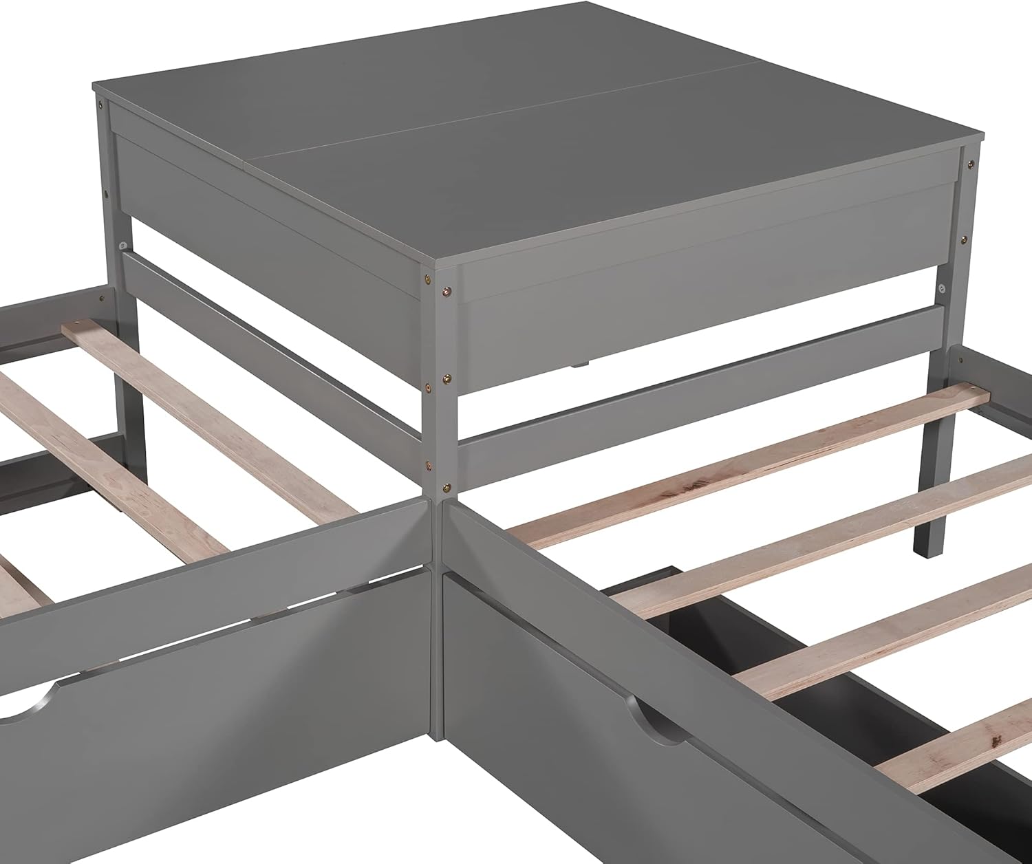 Twin L-Shaped Platform Bed with Trundle, 2 Storage Drawers, and Built-in Square Desk W107