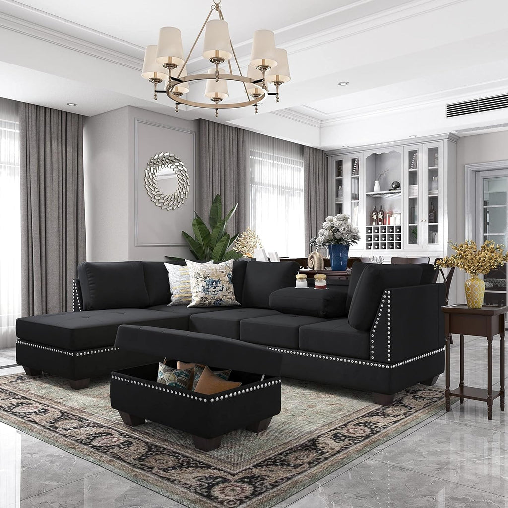 Reversible Sectional Sofa with Storage and Chaise Lounge Couch, Wooden Frame L-Shaped Corner Sofa Set with Ottoman, Black G965