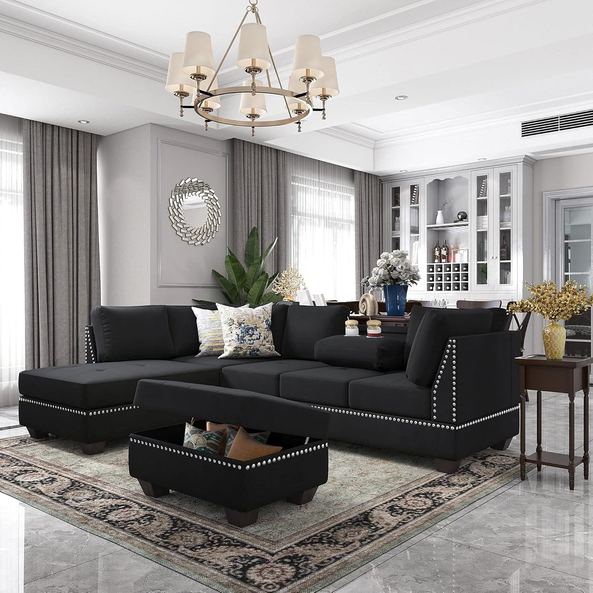 Reversible Sectional Sofa with Storage and Chaise Lounge Couch, Wooden Frame L-Shaped Corner Sofa Set with Ottoman, Black G965