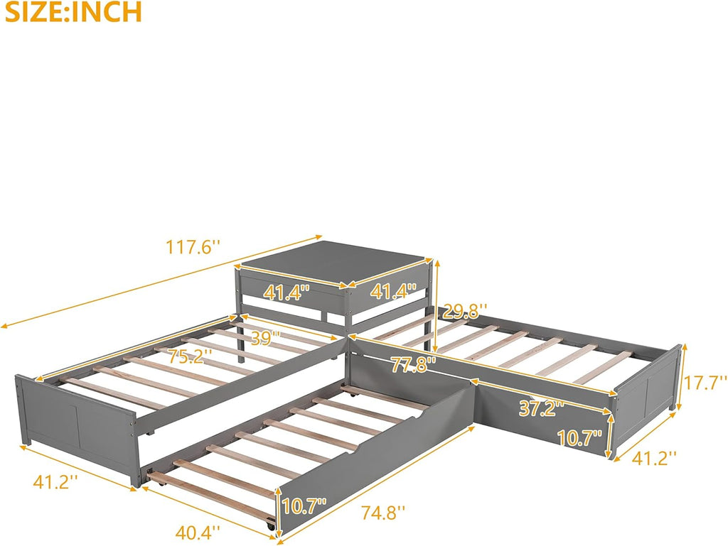 Twin L-Shaped Platform Bed with Trundle, 2 Storage Drawers, and Built-in Square Desk W107