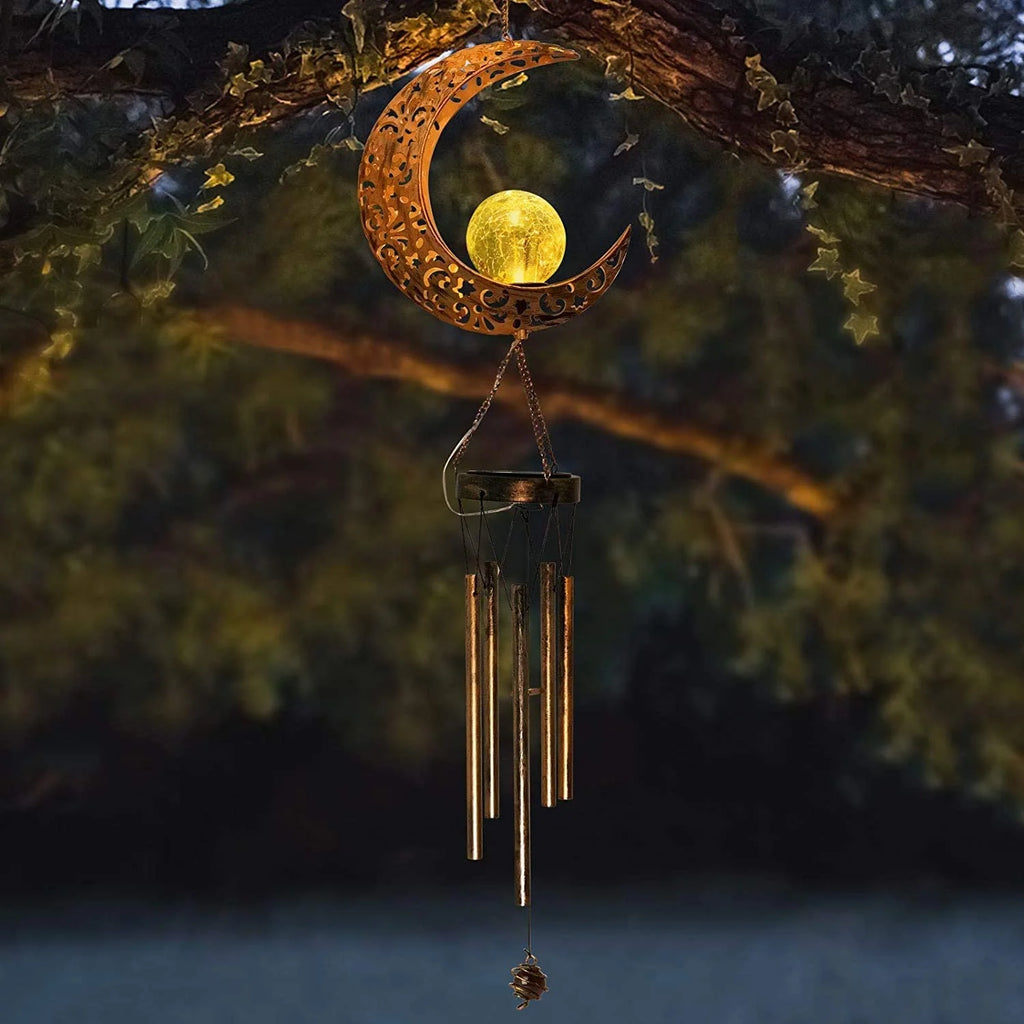 Retro Brass Metal Moon Crackle Glass Solar Wind Chimes LED Lights G428548