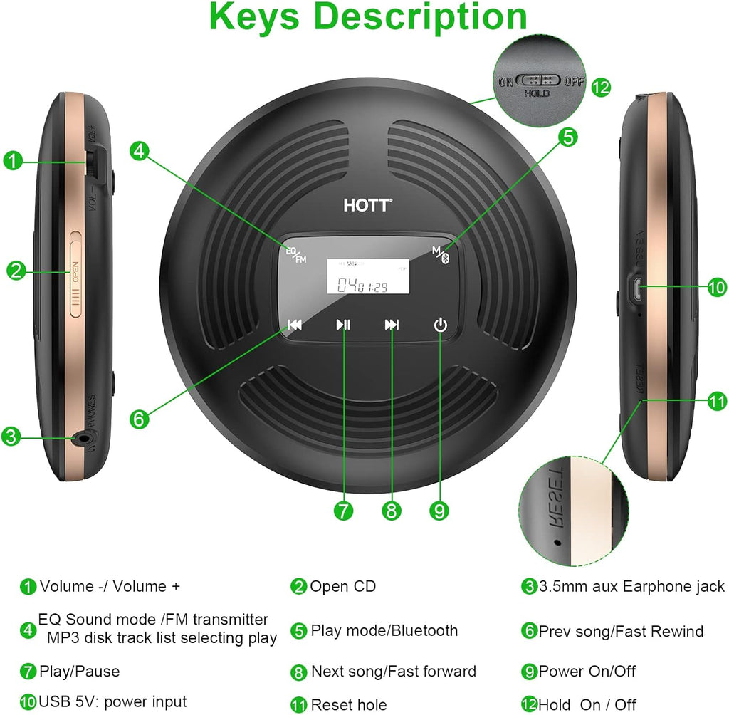 Portable CD Player with Bluetooth FM Transmitter AUX Output Rechargeable 1800mah X710687
