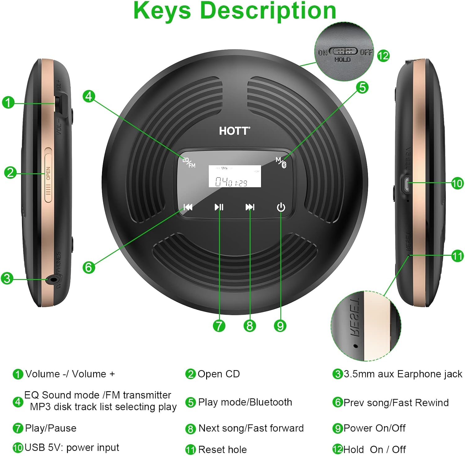 Portable CD Player with Bluetooth FM Transmitter AUX Output Rechargeable 1800mah X710687