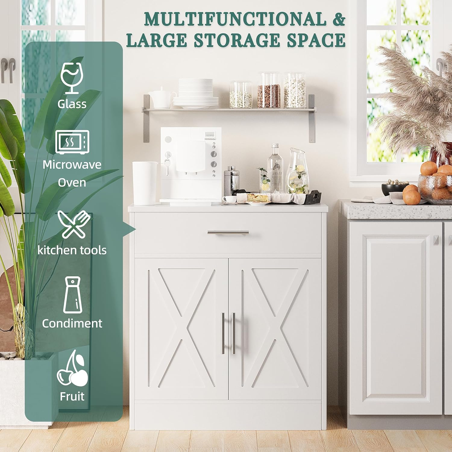 Ivory White Wood Sideboard Buffet Cabinet with 2 Doors K938