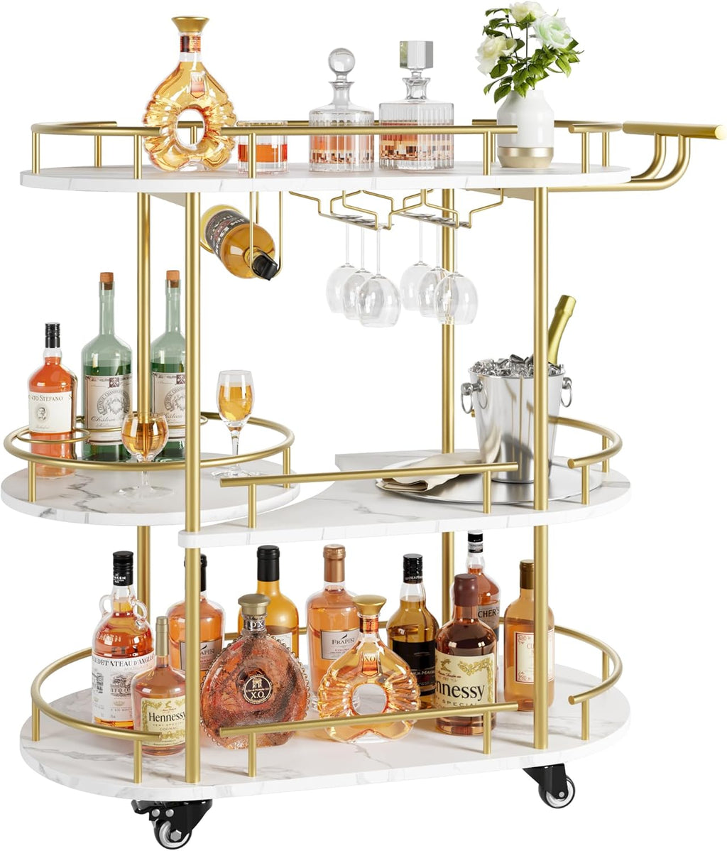 Gold 3 Tier Rotating Bar Cart with Wheels N302
