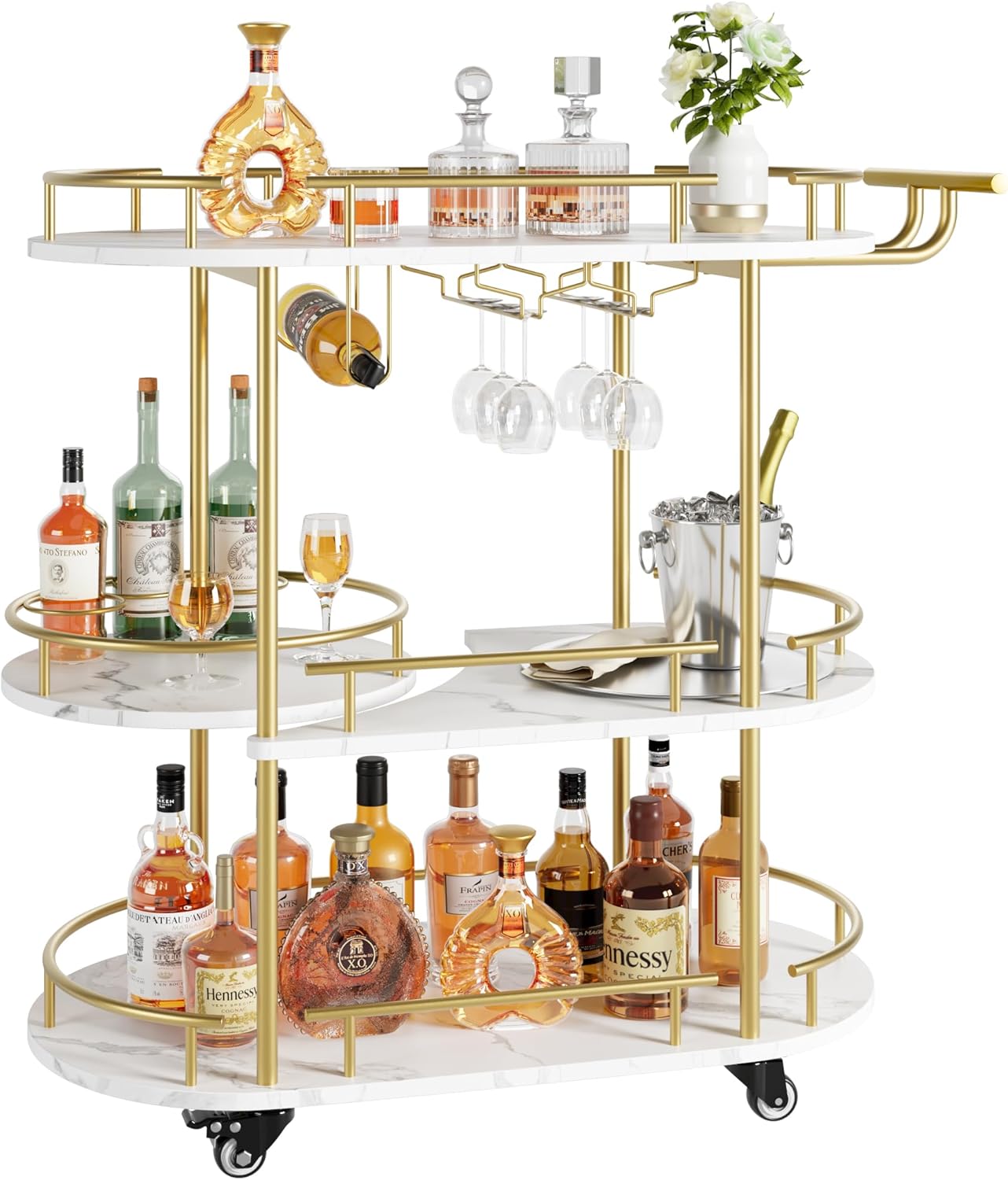 Gold 3 Tier Rotating Bar Cart with Wheels N302