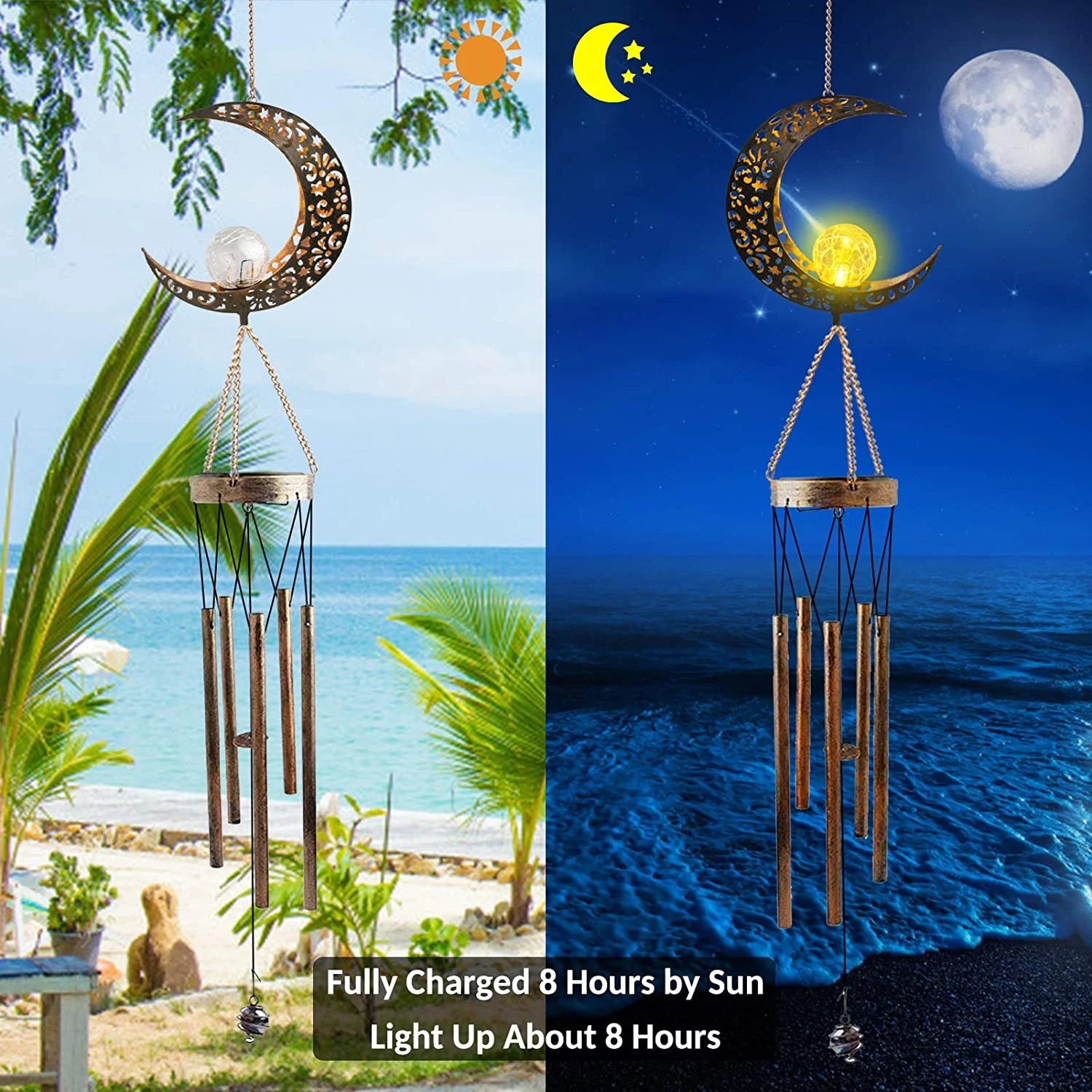 Retro Brass Metal Moon Crackle Glass Solar Wind Chimes LED Lights G428548
