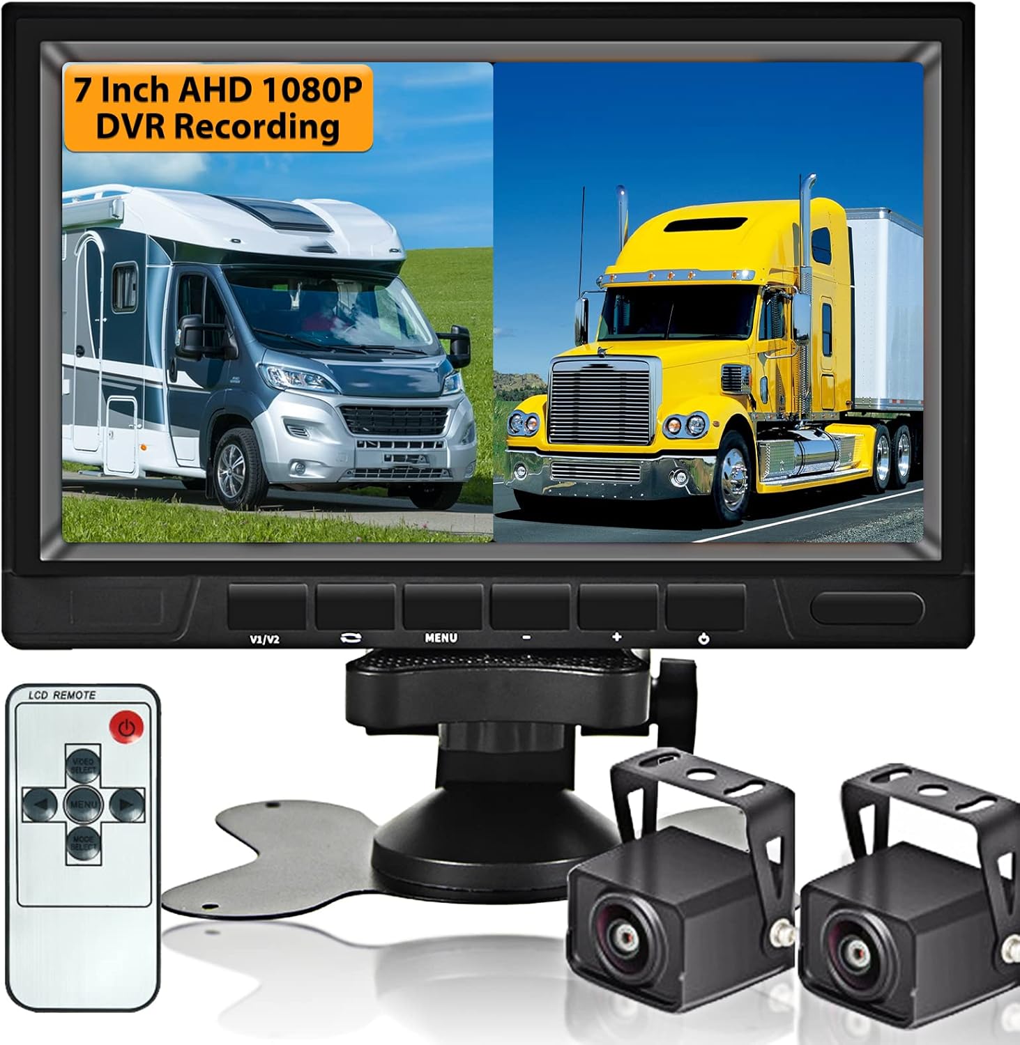 1080P Backup Camera System with 7'' DVR Dual Split Screen Monitor, IP69 Waterproof Rear View Camera Night Vision Reversing Camera B642196