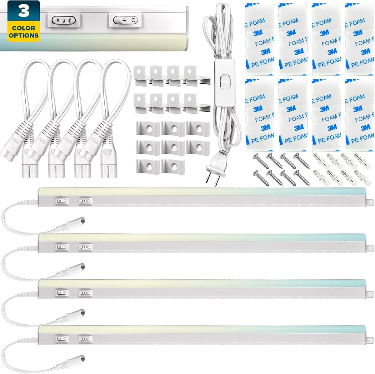 LED Under Cabinet Light Kit, 3 PCS Plug In, 36W, 3600 Lumens, Linkable, 3 Color Option, Peel and Stick or Bracket Mounted, On/Off Switch, Damp Rated O49169