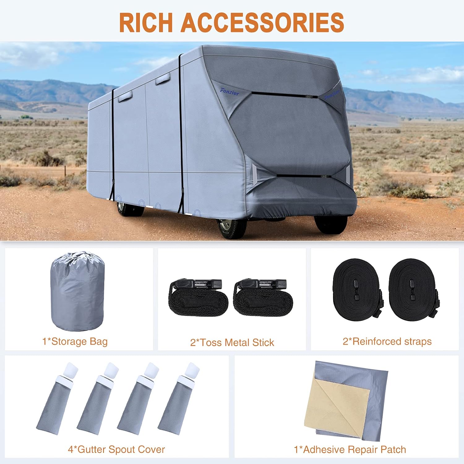 Windproof Waterproof Class C RV Cover for 26’-29’ Motorhome with 2Pcs Extra Long Straps & Gutter Covers L303770