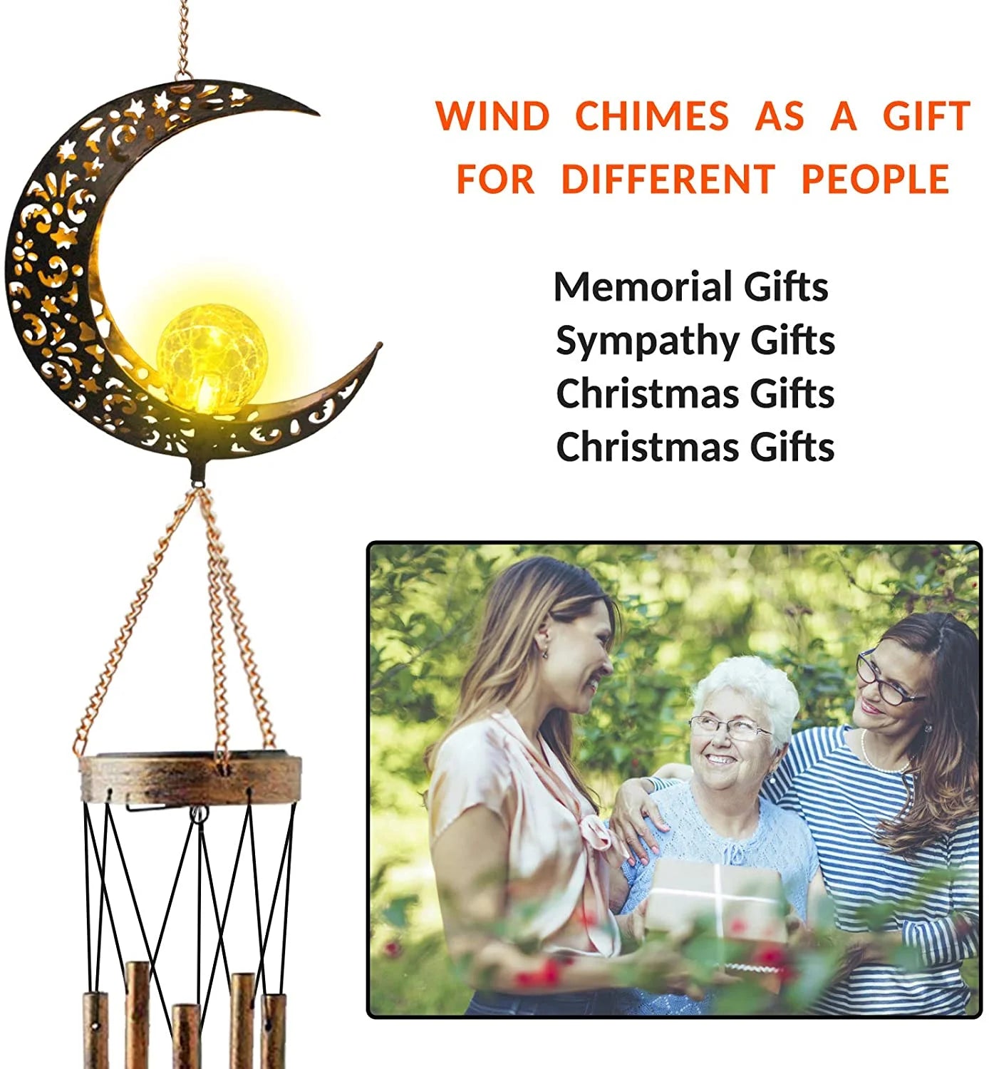 Retro Brass Metal Moon Crackle Glass Solar Wind Chimes LED Lights G428548