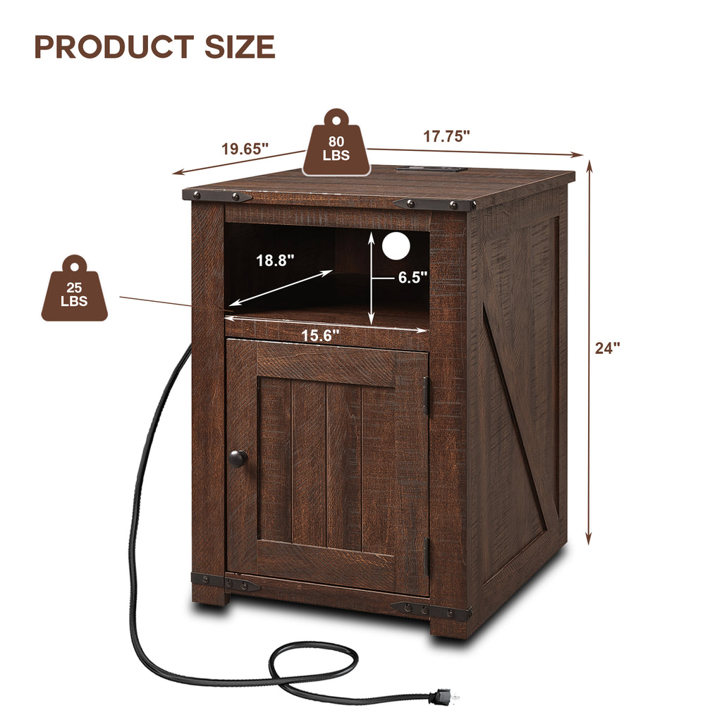 Brown Nightstand with Charging Station, Barn Door, Open Shelf K47091