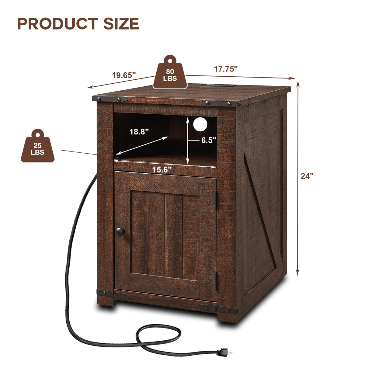 Brown Nightstand with Charging Station, Barn Door, Open Shelf K47091