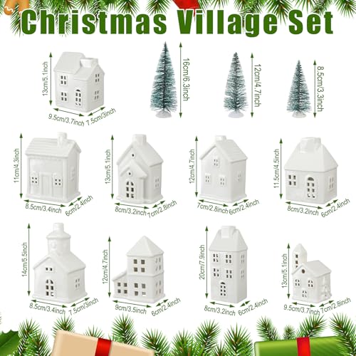 22 Pcs Ceramic Christmas Village Set with Light Include 9 Lighted Village Houses 13 Christmas Trees White Roof S85314