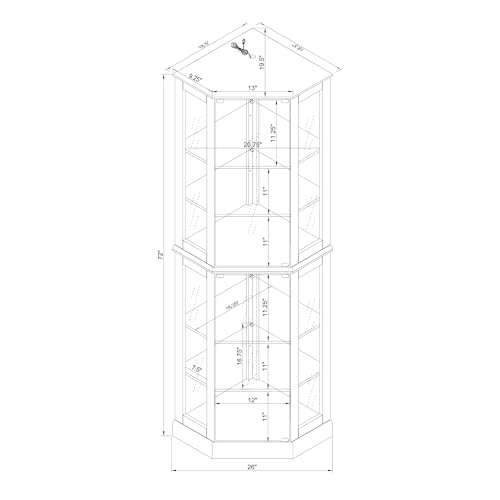 72" Tall Corner Display Cabinet Lighted Curio Cabinet, 6-Tier Wood Curio Showcase with Glass Doors and Adjustable Shelves (Cherry) E89053