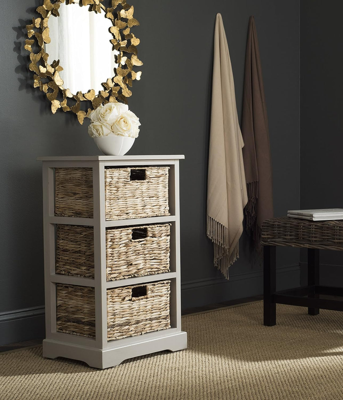Distressed Black 3 Wicker Basket Storage Side Table Z78115