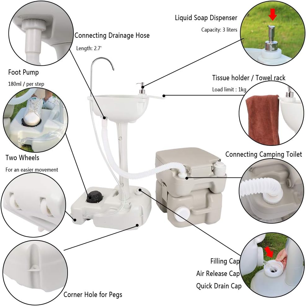 Portable Sink and Toilet Combo, 5 Gal Hand Washing Station & 5.3 Gal Flushing Toilet, Detachable W6770