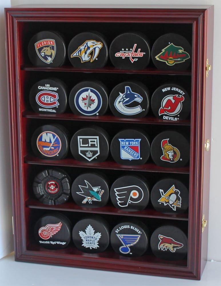 Hockey Puck Display Case Shadow Box Wall Cabinet with UV Protection Door G657