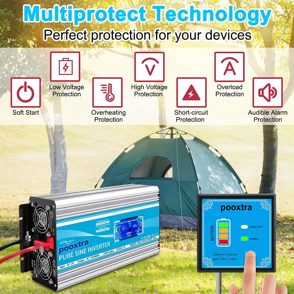 2000 Watt Pure Sine Wave Power Inverter 12V DC to 110V AC with LCD Display USB Port 4 AC Outlets U931