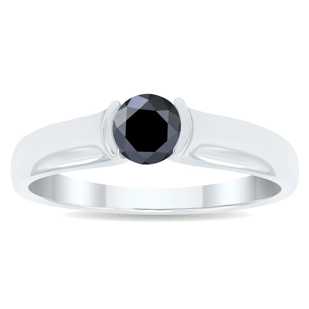10K White Gold Half Bezel Black Diamond Solitaire Ring S19436