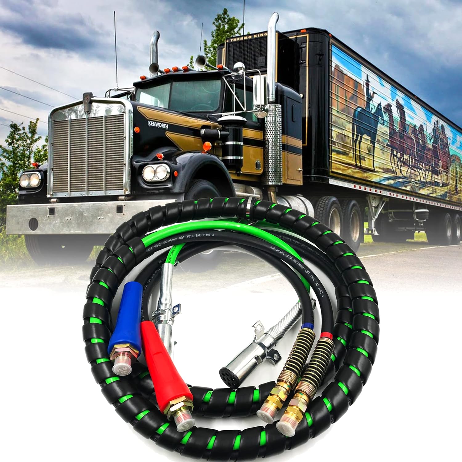 12Ft 3 in 1 ABS & Air Power Line Hose Wrap 7 Way Electrical Cable Assembly with Handle Grip C9114