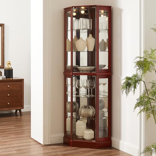 72" Tall Corner Display Cabinet Lighted Curio Cabinet, 6-Tier Wood Curio Showcase with Glass Doors and Adjustable Shelves (Cherry) E89053