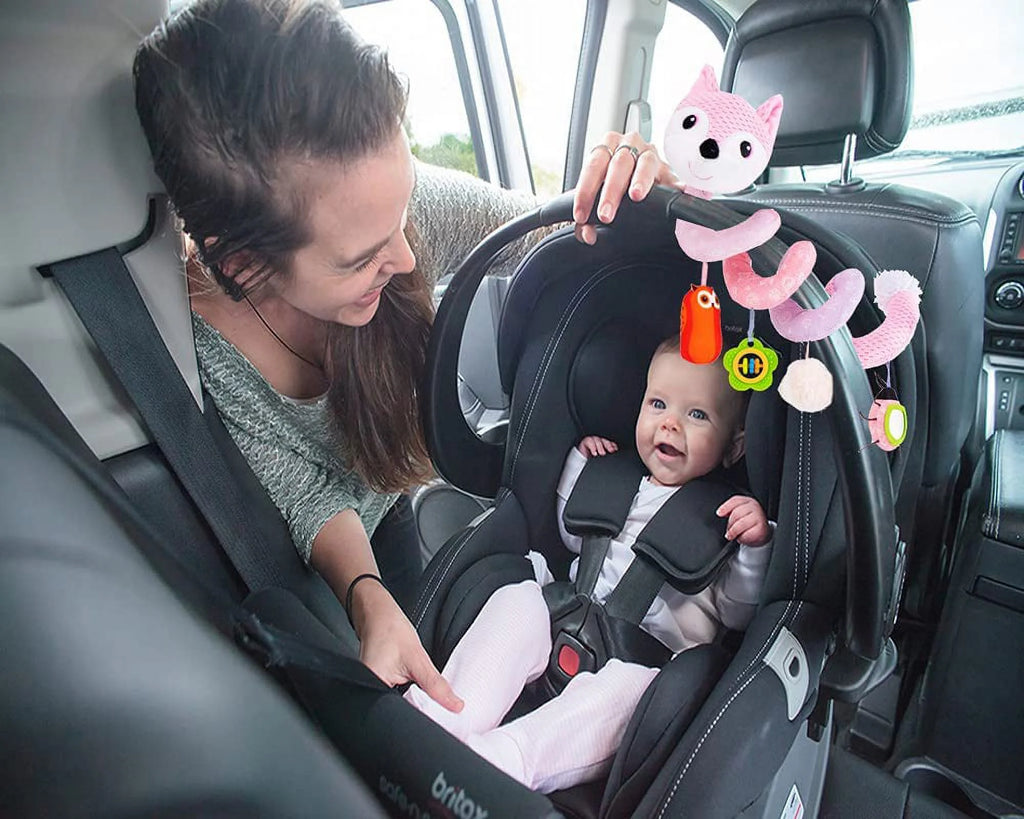Pink Fox Plush Baby Car Seat Toys with Musical Sheep Rattles Owl Ladybird Distorting Mirror F43770
