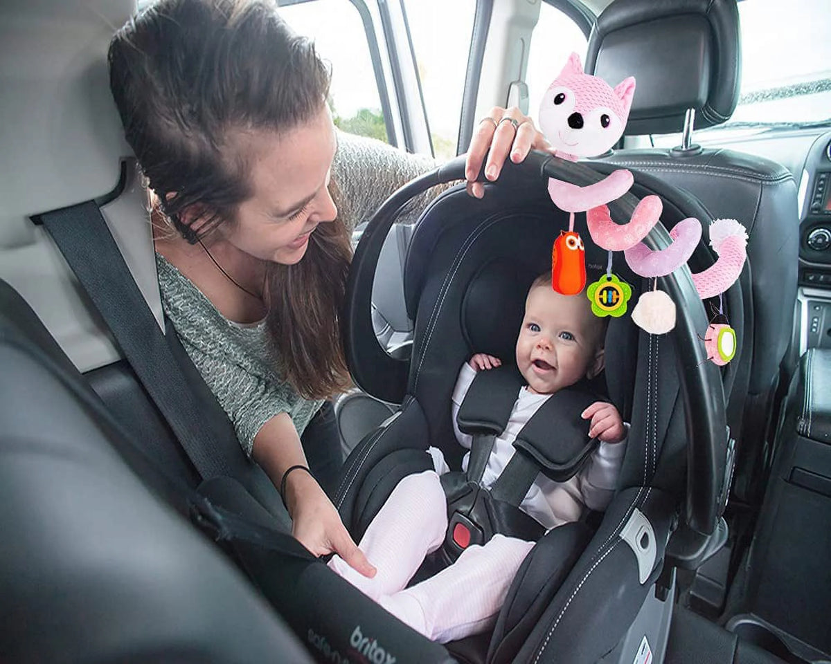 Pink Fox Plush Baby Car Seat Toys with Musical Sheep Rattles Owl Ladybird Distorting Mirror F43770