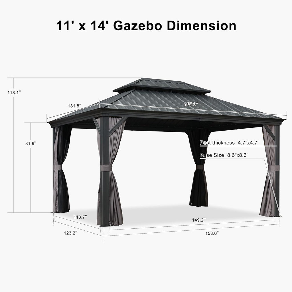 Grey 11' x 14' Hardtop Gazebo with Galvanized Steel Double Roof I53869