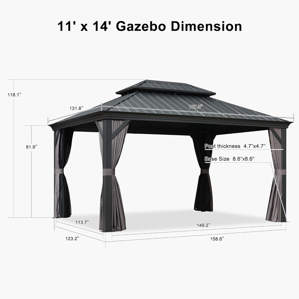 Grey 11' x 14' Hardtop Gazebo with Galvanized Steel Double Roof I53869