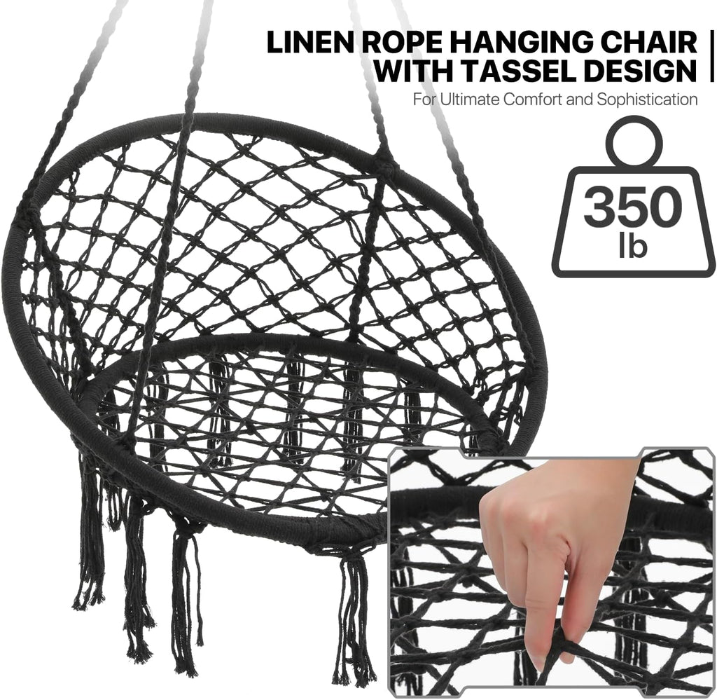 Black Hanging Hammock Chair with Large Padded Cushion, 350 Lbs Capacity X252