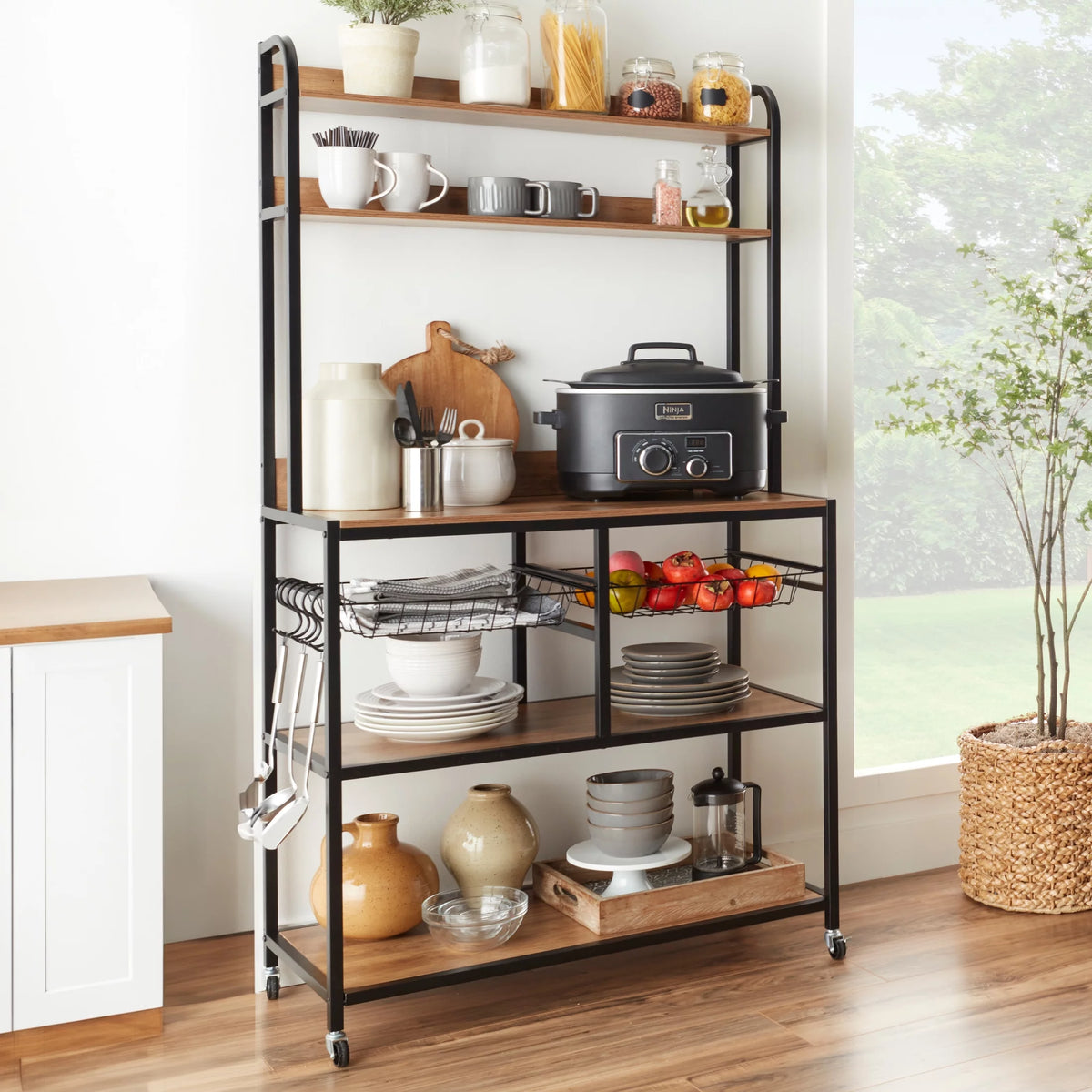 Brown Black Counter-Height Baker's Rack with Locking Wheels I453258