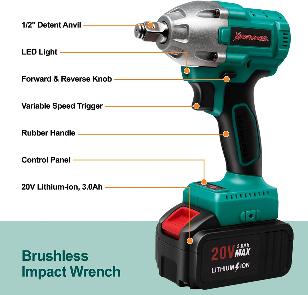 Cordless Impact Wrench, 1/2 Chuck, 3100RPM, 320 ft-lbs, 20V 2x3.0AH Battery Y1538