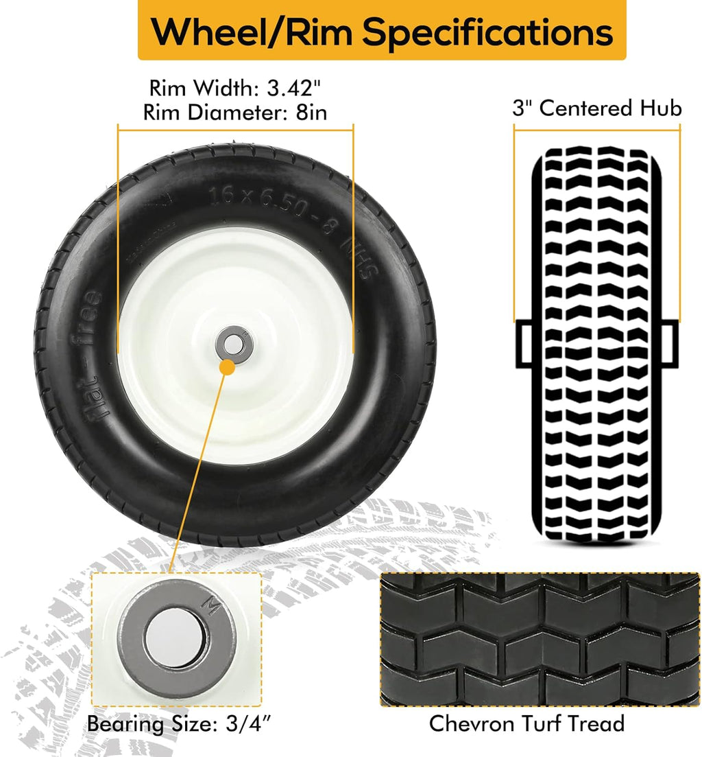 16x6.50-8 Flat Free Lawn Tires with Rim, Set of 2 R96496