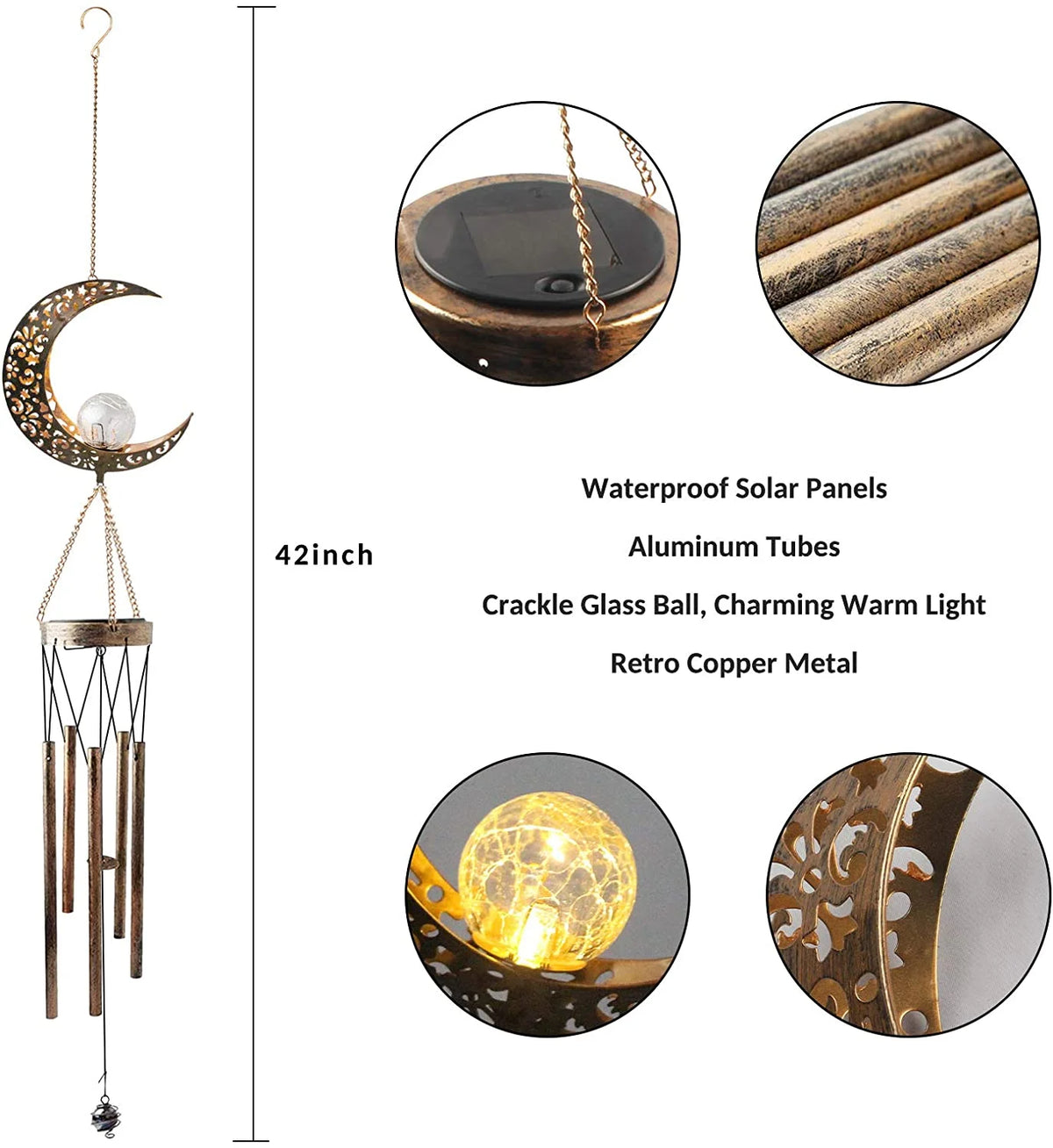 Retro Brass Metal Moon Crackle Glass Solar Wind Chimes LED Lights G428548