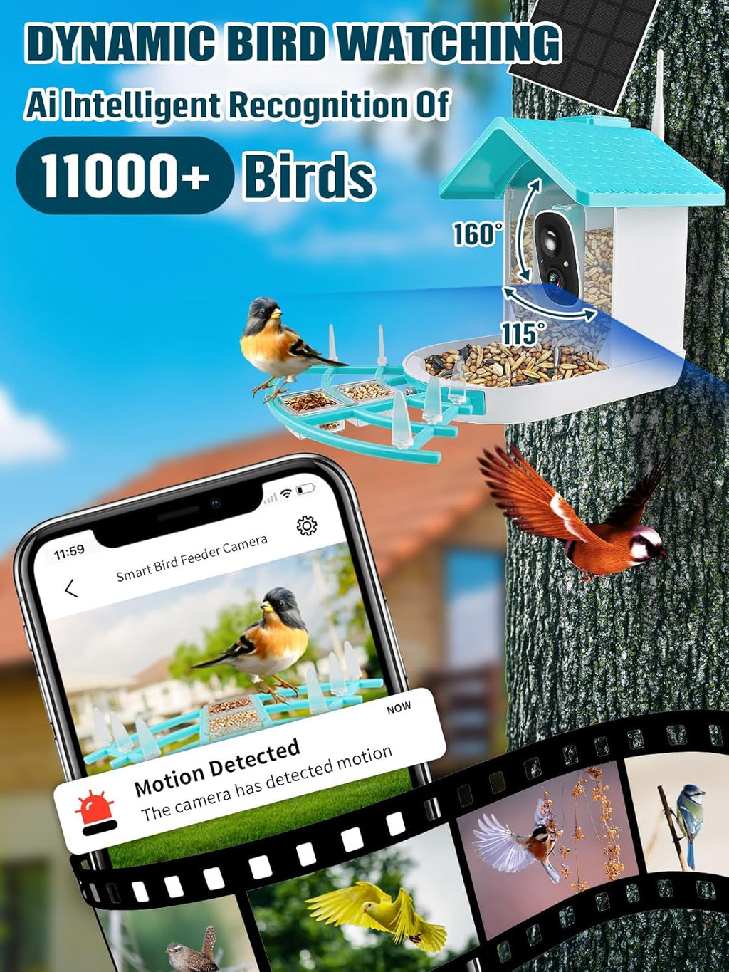 Smart Bird Feeder with Camera, Solar Powered Dual Charge 1080P HD Video AI Identify Bird Feeders I468