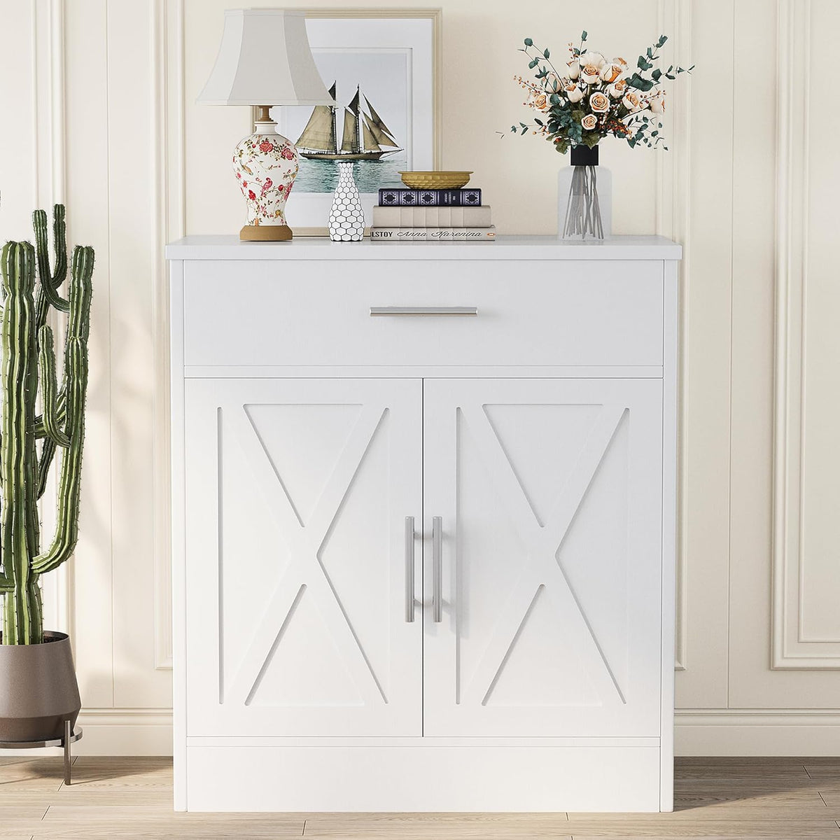 Ivory White Wood Sideboard Buffet Cabinet with 2 Doors K938