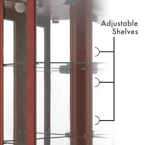 72" Tall Corner Display Cabinet Lighted Curio Cabinet, 6-Tier Wood Curio Showcase with Glass Doors and Adjustable Shelves (Cherry) E89053