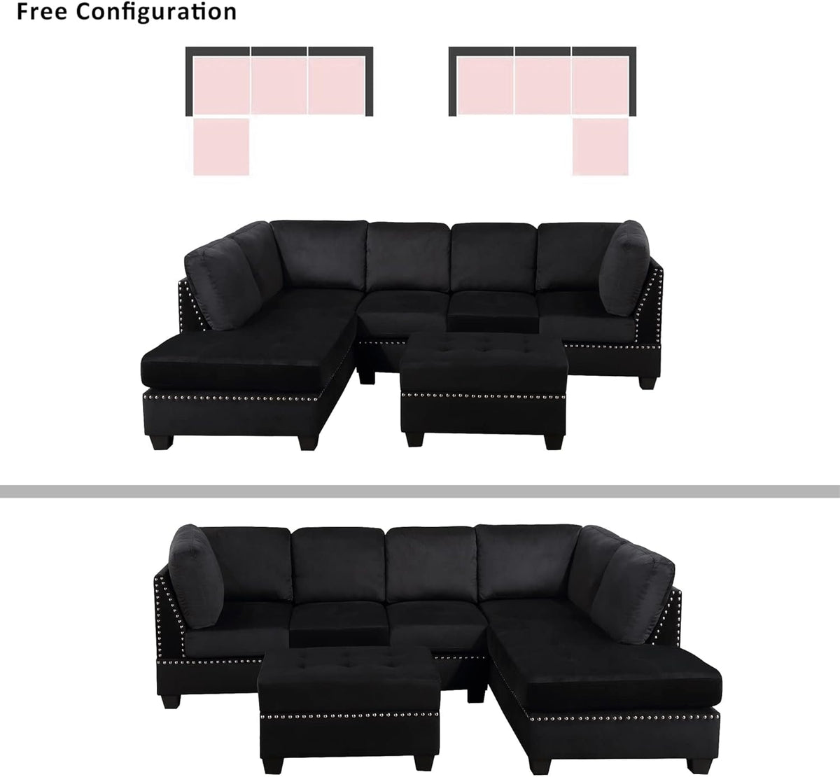 Reversible Sectional Sofa with Storage and Chaise Lounge Couch, Wooden Frame L-Shaped Corner Sofa Set with Ottoman, Black G965