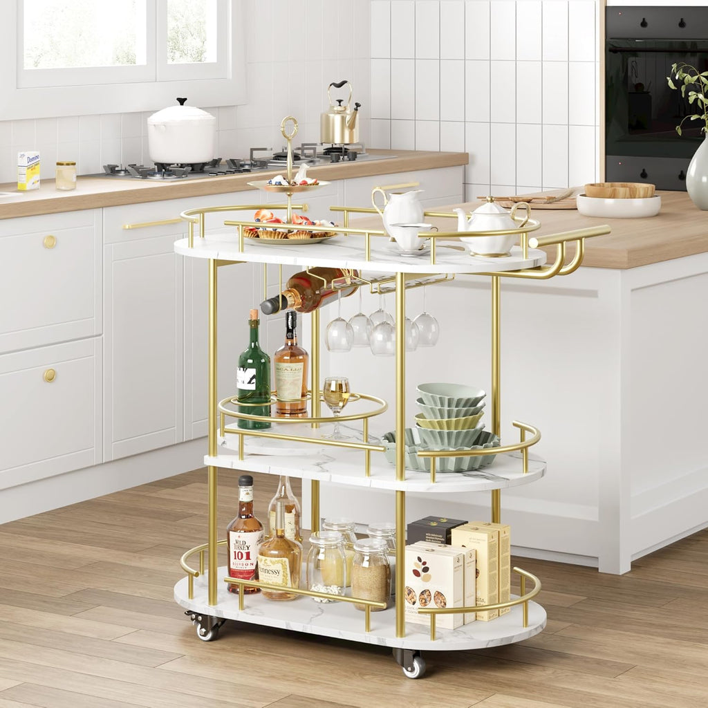 Gold 3 Tier Rotating Bar Cart with Wheels N302