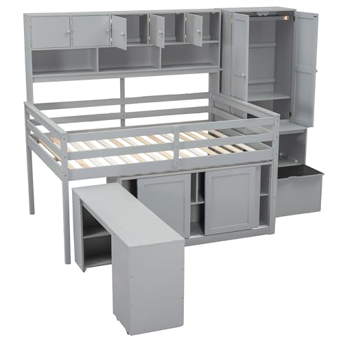 White Twin Size Solid Wood Loft Bed with Storage K825354